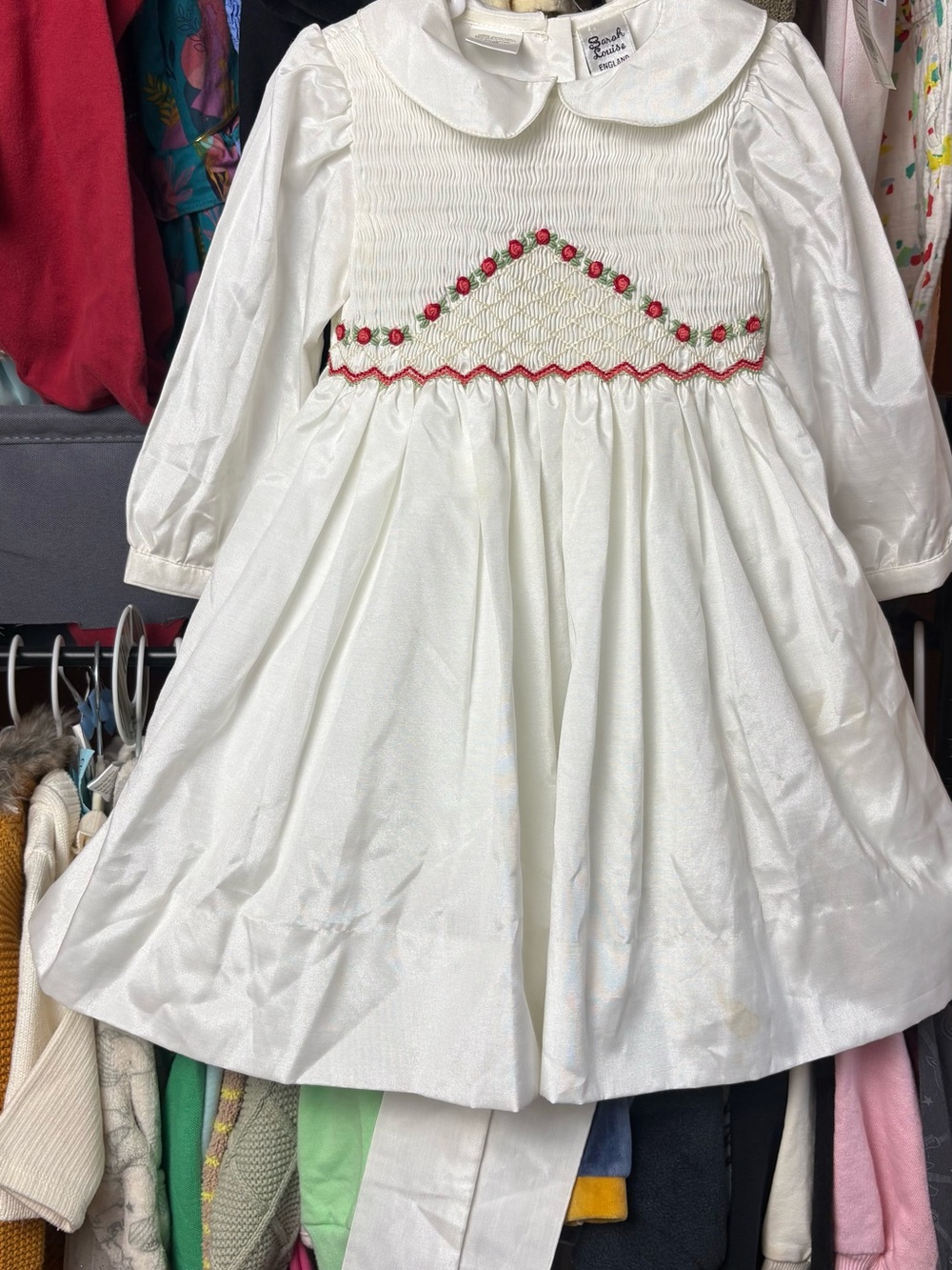 Sarah Louise White Smocked Long-Sleeve Girls Dress with Red Trim